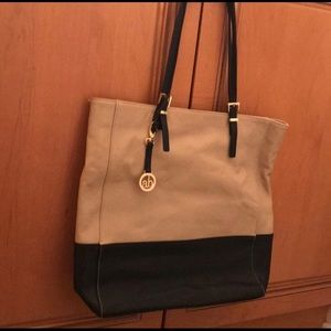 Tan and black tote